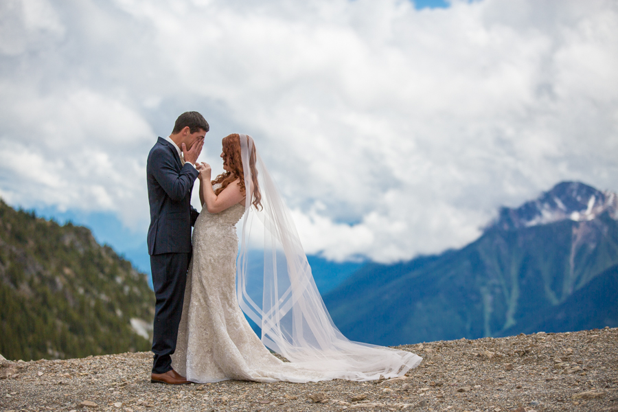 groom cries during first look kicking horse wedding