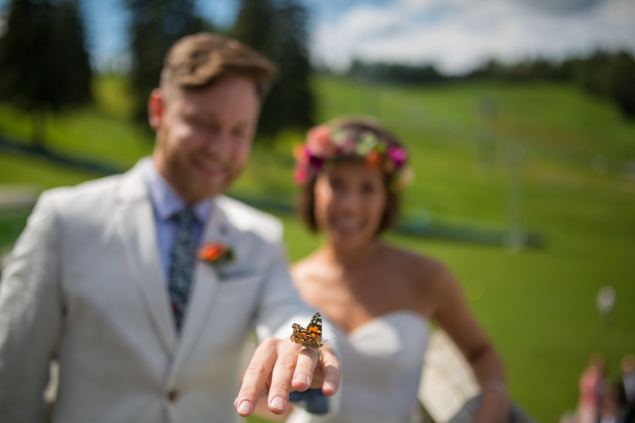 butterfly landing on a brides hand