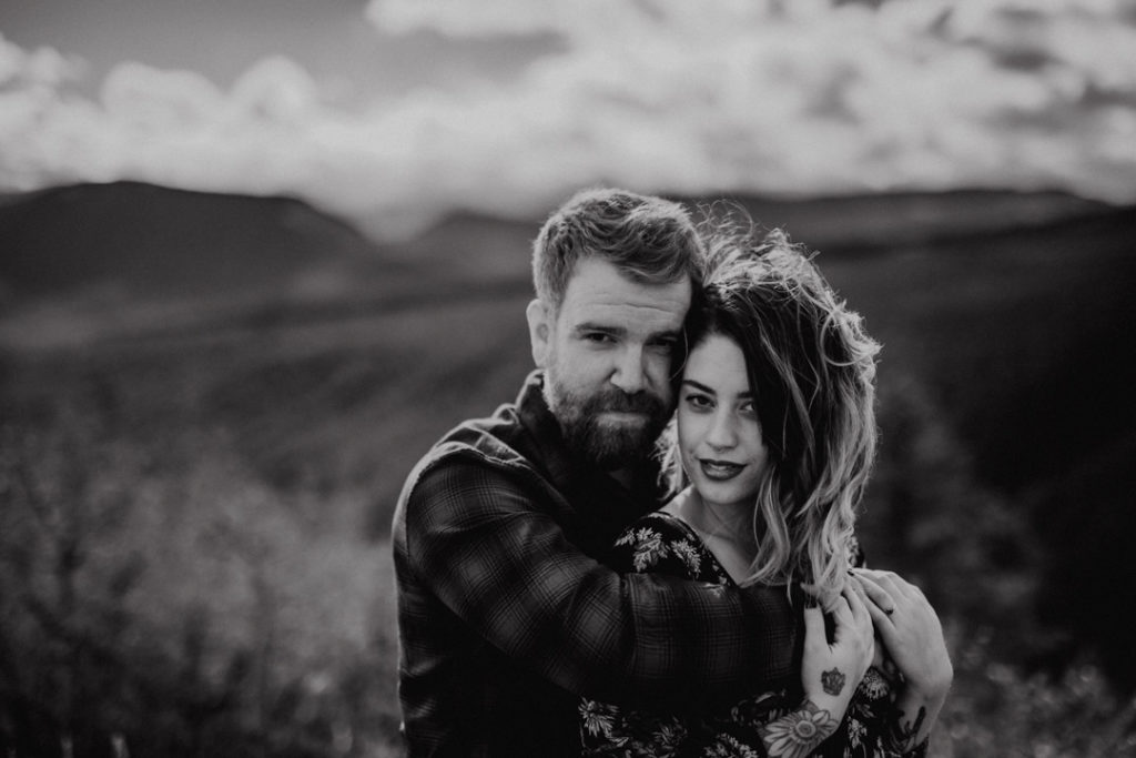 puppy, bragg creek, river, engagement, bragg creek engagement, love in the mountains, rockies engagement, dirty boots messy hair