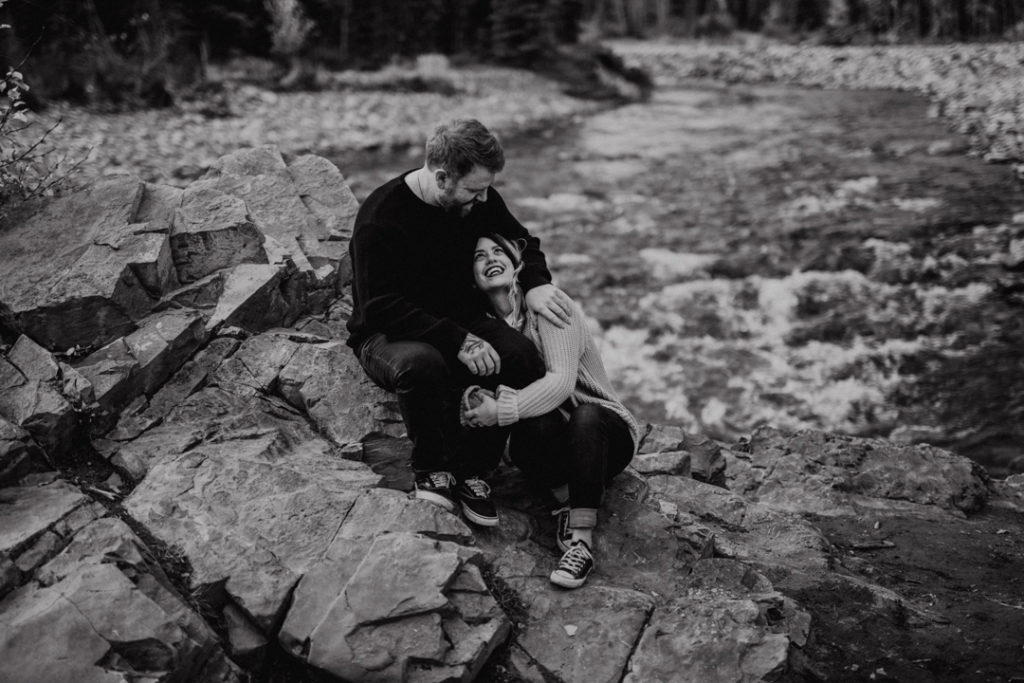 cuddle session on the rockies, puppy, bragg creek, river, engagement, bragg creek engagement, love in the mountains, rockies engagement