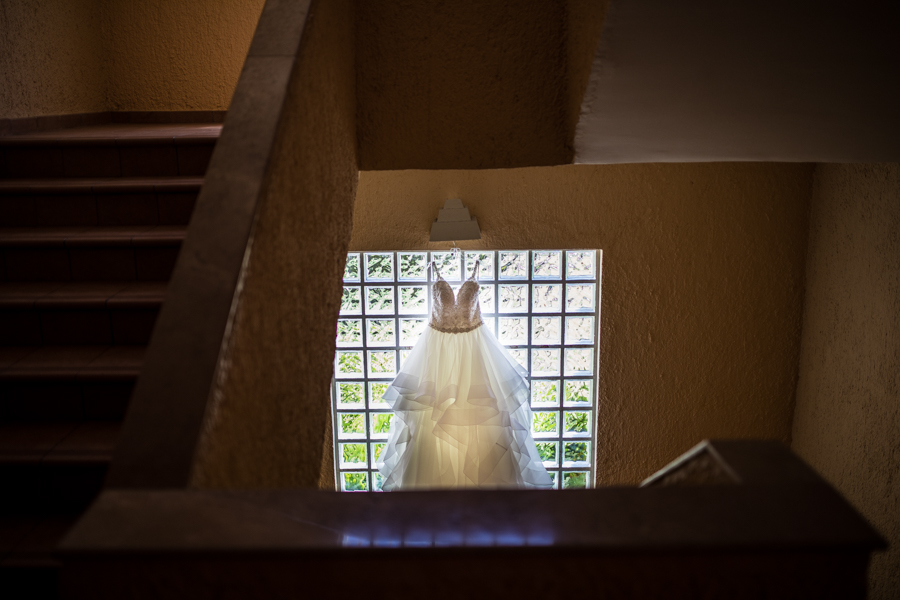 wedding dress, hanging in destination wedding, barrel maya caribe