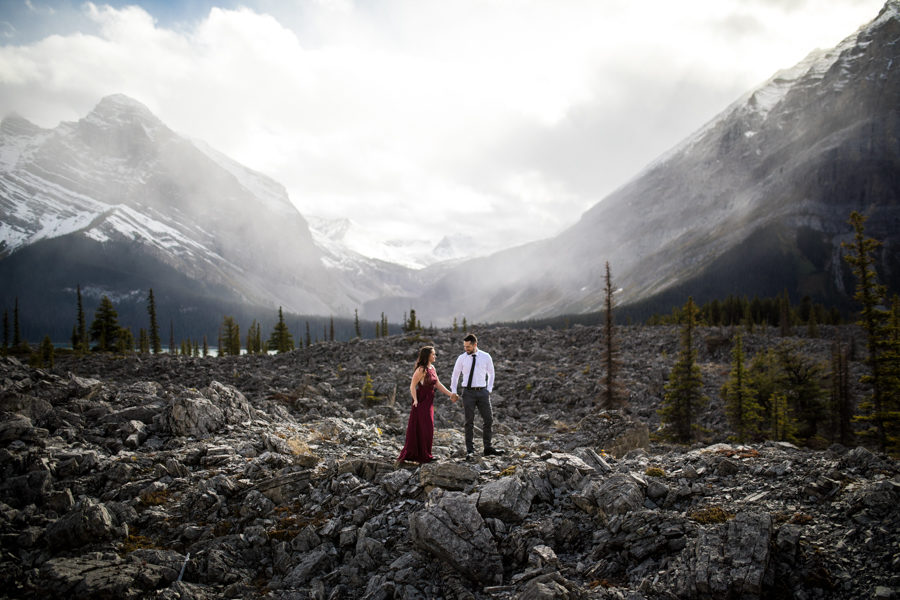 Canmore engagement photography, couple having an adventure engagement
