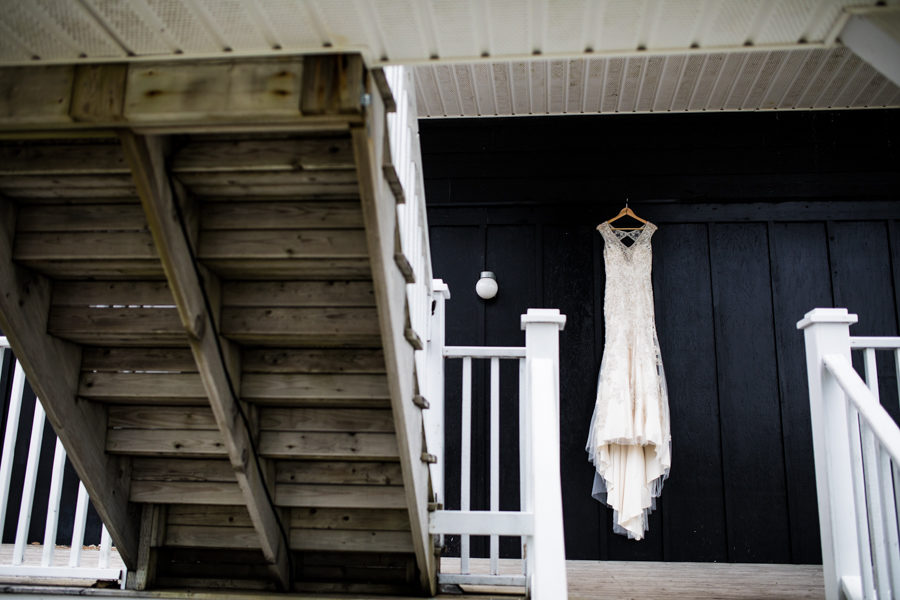 wedding dress hanging in the stairwell of The Inverary Resort in Baddeck Nova Scotia,