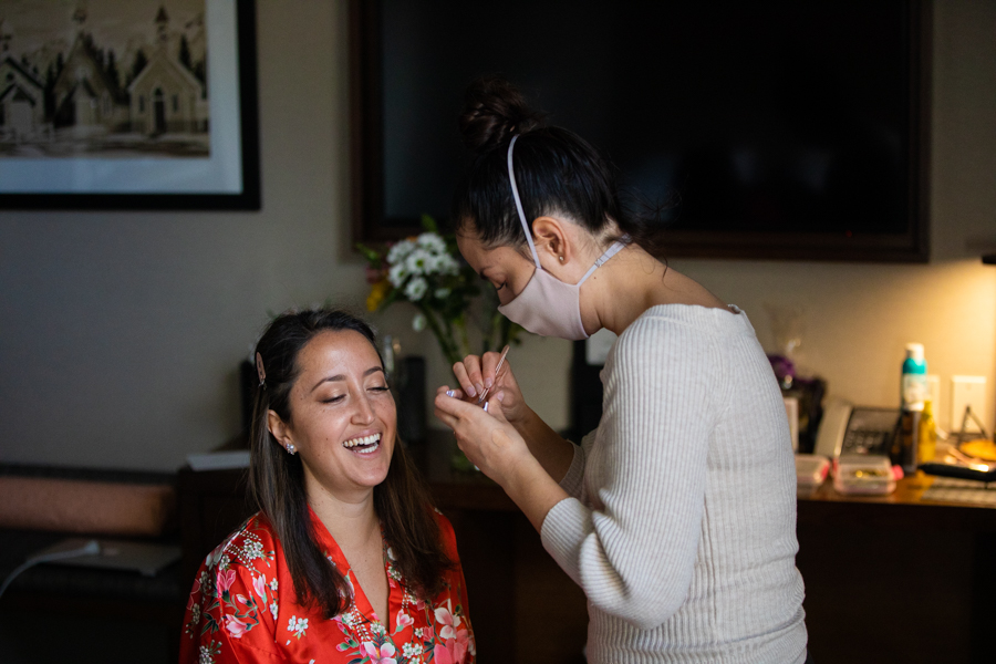 bride getting ready at Malcolm Hotel Canmore