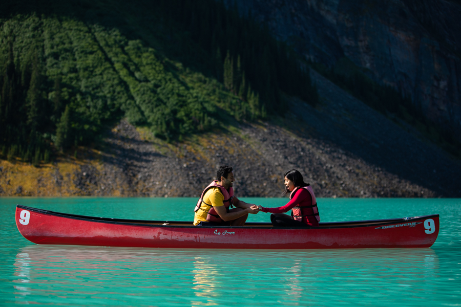 girl saying yes to a proposal in Lake Louise