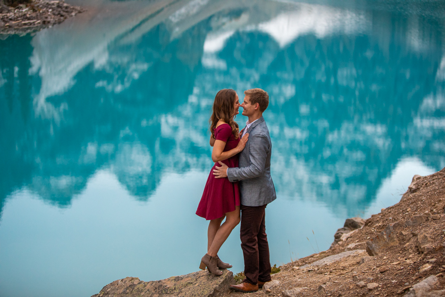 mountain reflection Lake Moraine Engagement Photos